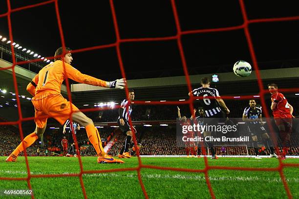 Goalkeeper Tim Krul of Newcastle United looks on as Joe Allen of Liverpool scores their second goal during the Barclays Premier League match between...