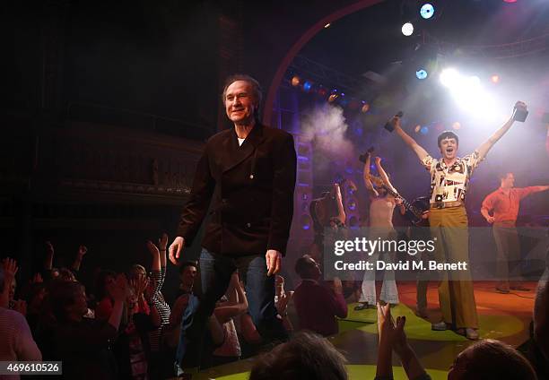 Ray Davies and the cast of "Sunny Afternoon" including John Dagleish , George Maguire, Adam Sopp and Ned Derrington celebrate their Olivier Award...