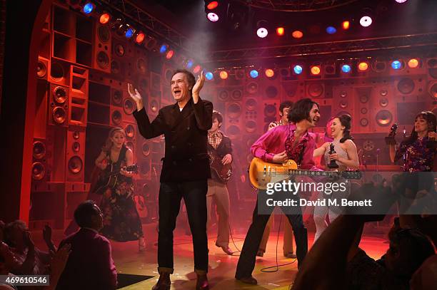 Ray Davies and the cast of "Sunny Afternoon" including George Maguire , John Dagleish, Adam Sopp and Ned Derrington celebrate their Olivier Award...