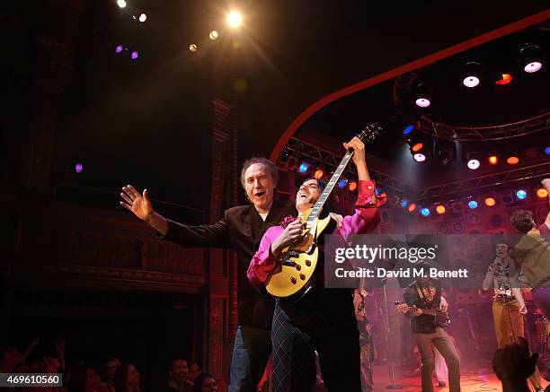 Ray Davies and the cast of "Sunny Afternoon" including George Maguire , John Dagleish, Adam Sopp and Ned Derrington celebrate their Olivier Award...