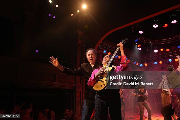 Ray Davies and the cast of "Sunny Afternoon" including George Maguire , John Dagleish, Adam Sopp and Ned Derrington celebrate their Olivier Award...