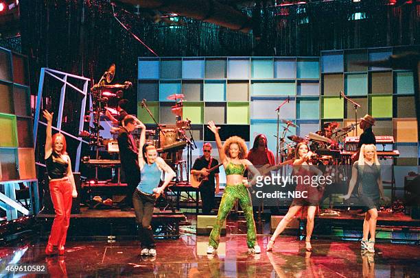 Episode 1278 -- Pictured: Geri Halliwell, Melanie Chisholm, Melanie Brown, Victoria Beckham, and Emma Bunton of the musical guest Spice Girls perform...