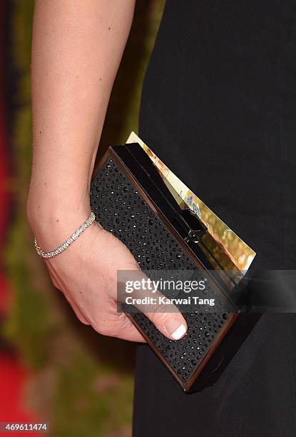 Suzanne Shaw, bag detail, attends the UK premiere of "A Little Chaos" at Odeon Kensington on April 13, 2015 in London, England.