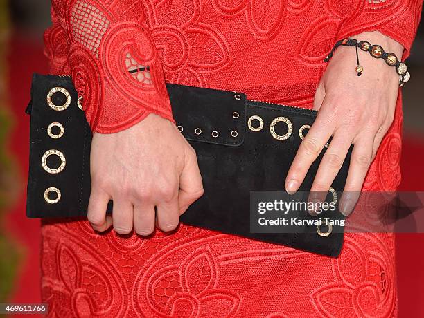 Hofit Golan, bag detail, attends the UK premiere of "A Little Chaos" at Odeon Kensington on April 13, 2015 in London, England.