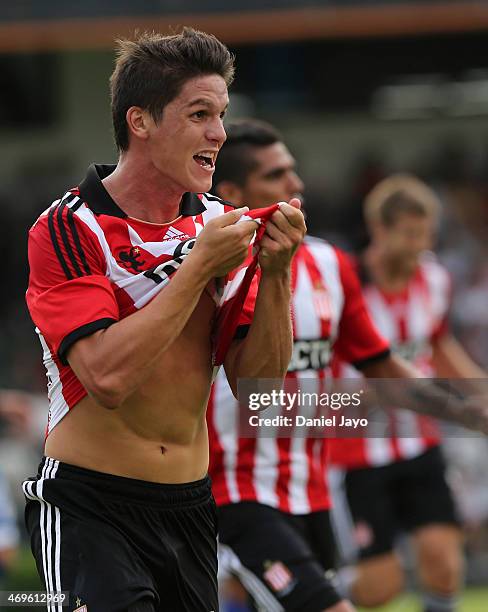 Guido Carrillo of Estudiantes celebrates after scoring during a match between All Boys and Estudiantes as part of Torneo Final 2014 at Malvinas...