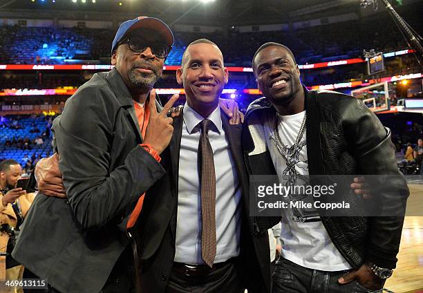 Spike Lee, Reggie Miller, and Kevin Hart attend the State Farm All-Star Saturday Night during the NBA All-Star Weekend 2014 at The Smoothie King...