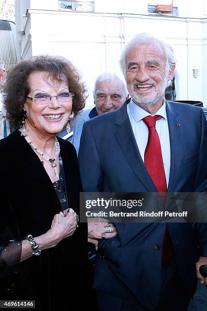 Actors Claudia Cardinale and Jean-Paul Belmondo attend Museum Paul Belmondo celebrates its 5th Anniversary on April 13, 2015 in Boulogne-Billancourt,...