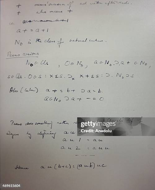 Page from the notebook of codebreaker Alan Turing is seen at Bonham's auction house during an auction in New York, on April 13, 2015. The paper, in...