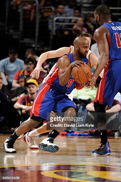 John Lucas III of the Detroit Pistons drives against the Cleveland Cavaliers at The Quicken Loans Arena on April 13, 2015 in Cleveland, Ohio. NOTE TO...