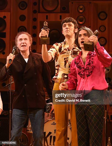 Ray Davies, John Dagleishm and George Maguire celebrate their Olivier Award wins onstage at The Harold Pinter Theatre on April 13, 2015 in London,...