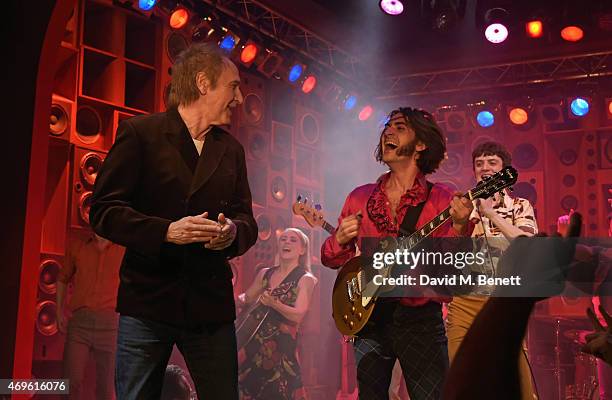 Ray Davies and the cast of "Sunny Afternoon" including George Maguire , John Dagleish , Adam Sopp and Ned Derrington celebrate their Olivier Award...