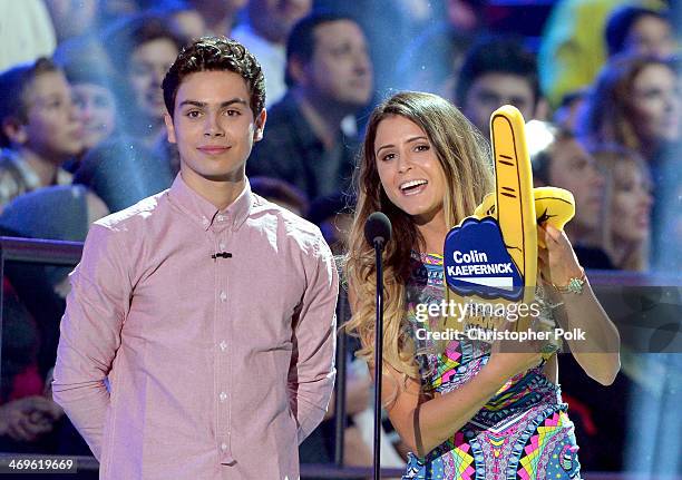 Actor Jake T. Austin and surfer Anastasia Ashley speak onstage during Cartoon Network's fourth annual Hall of Game Awards at Barker Hangar on...