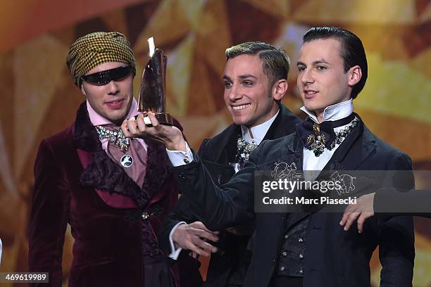 Members of 'La Femme' receive the 'Album Revelation' award during the 'Les Victoires de la musique 2014' ceremony at Le Zenith on February 14, 2014...