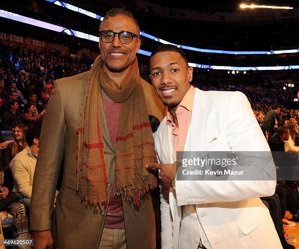 Former NBA Player Rick Fox and TV Personality and Host Nick Cannon attend the State Farm All-Star Saturday Night during the NBA All-Star Weekend 2014...