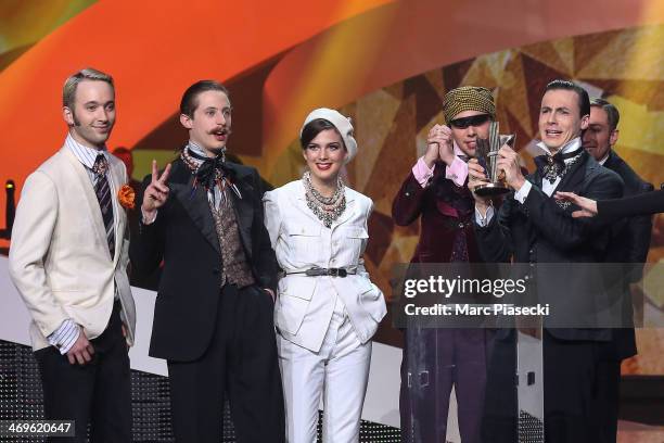 Members of 'La Femme' receive the 'Album Revelation' award during the 'Les Victoires de la musique 2014' ceremony at Le Zenith on February 14, 2014...