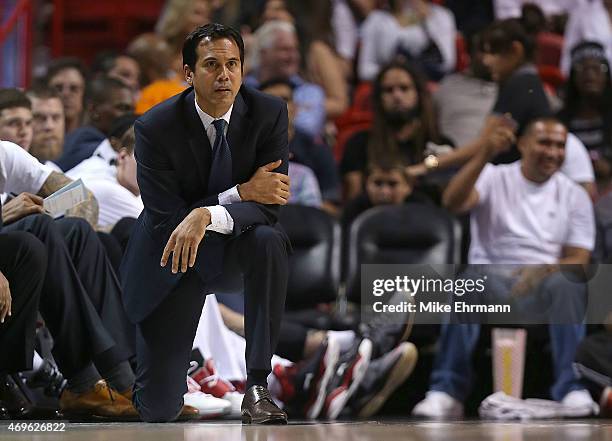 Head coach Erik Spoelstra of the Miami Heat looks on during a game against the Orlando Magic at American Airlines Arena on April 13, 2015 in Miami,...