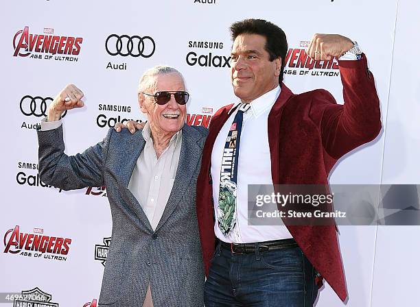 Executive producer/Creator Stan Lee and actor Lou Ferrigno attend the premiere of Marvel's "Avengers: Age Of Ultron" at Dolby Theatre on April 13,...