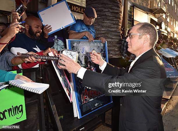 Actor James Spader signs autographs during the premiere of Marvel's "Avengers: Age Of Ultron" at Dolby Theatre on April 13, 2015 in Hollywood,...