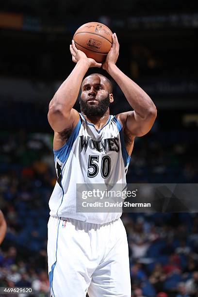 Arinze Onuaku of the Minnesota Timberwolves shoots against the New Orleans Pelicans during the game on April 13, 2015 at Target Center in...