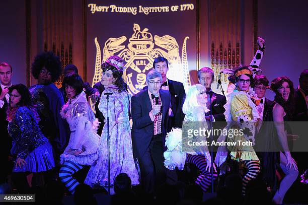 Comedian Mo Rocca performs on stage during The Hasty Pudding Institute of 1770 Order of the Golden Sphinx Gala 2015 at The Plaza Hotel on April 13,...
