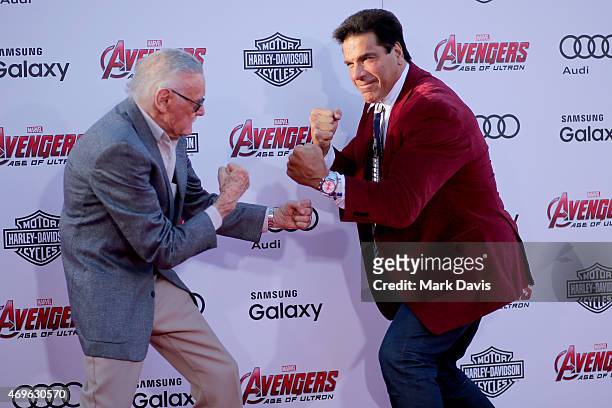 Executive producer/Creator Stan Lee and Actor Lou Ferrigno attend the premiere of Marvel's "Avengers: Age Of Ultron" at Dolby Theatre on April 13,...
