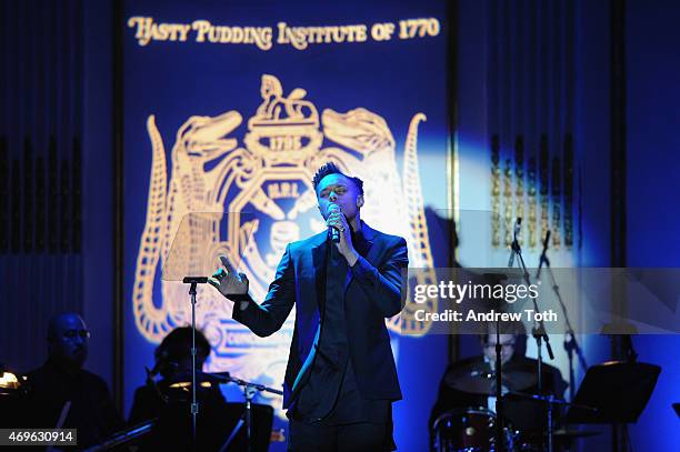 Singer Avery Wilson performs on stage during The Hasty Pudding Institute of 1770 Order of the Golden Sphinx Gala 2015 at The Plaza Hotel on April 13,...