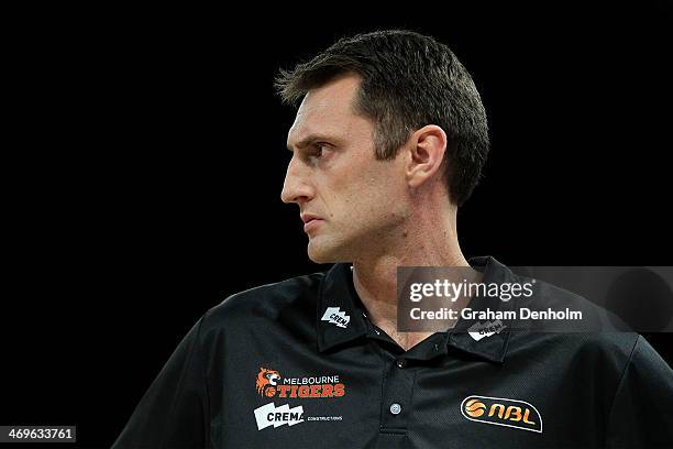 Tigers Coach Chris Anstey looks on during the round 18 NBL match between the Melbourne Tigers and the Adelaide 36ers at Hisense Arena in February 16,...