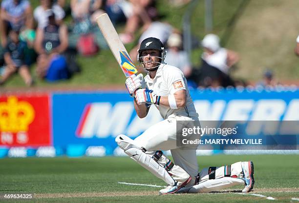 Captain of New Zealand Brendon McCullum bats during day 3 of the 2nd International Test cricket match between New Zealand and India in Wellington at...