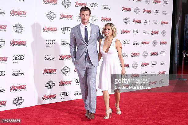 Actors Chris Hemsworth and his wife Elsa Pataky attends the premiere of Marvel's "Avengers: Age Of Ultron" at Dolby Theatre on April 13, 2015 in...