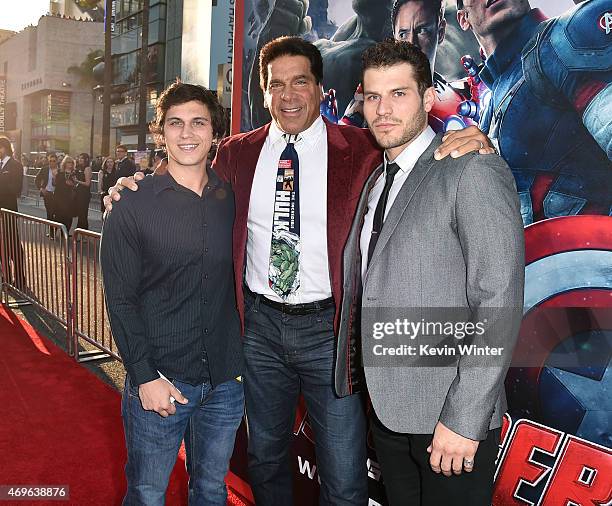 Brent Ferrigno, Lou Ferrigno and Lou Ferrigno Jr. Attend the premiere of Marvel's "Avengers: Age Of Ultron" at Dolby Theatre on April 13, 2015 in...