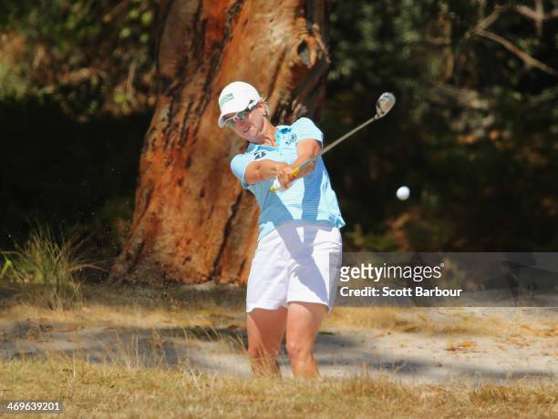 Karrie Webb of Australia plays a shot on the 12th hole during the fourth round of the ISPS Handa Women's Australian Open at The Victoria Golf Club on...