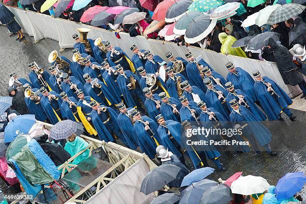 The Military Corps parade during the Holy Mass in St. Peter's Square in Vatican City to celebrate the traditional 'Urbi et Orbi' of Easter. During...