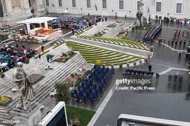 The Military Corps parade during the Holy Mass in St. Peter's Square in Vatican City to celebrate the traditional 'Urbi et Orbi' of Easter. During...