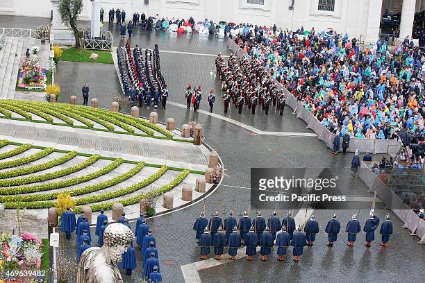 The Military Corps parade during the Holy Mass in St. Peter's Square in Vatican City to celebrate the traditional 'Urbi et Orbi' of Easter. During...