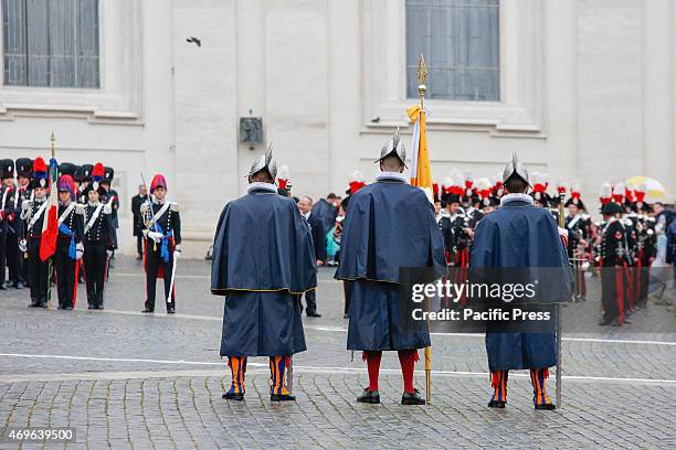 The Military Corps parade during the Holy Mass in St. Peter's Square in Vatican City to celebrate the traditional 'Urbi et Orbi' of Easter. During...