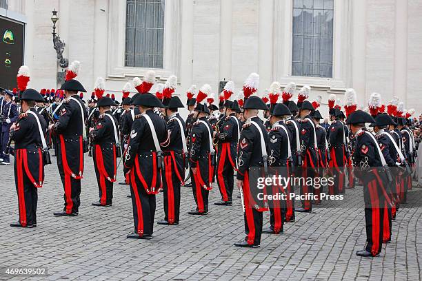 The Military Corps parade during the Holy Mass in St. Peter's Square in Vatican City to celebrate the traditional 'Urbi et Orbi' of Easter. During...