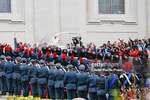 Pope Francis parade in front of the Military Corps during the traditional 'Urbi et Orbi' blessing to celebrate the Easter in St. Peter's Square in...