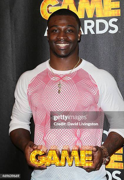 Football player Chris Davis attends Cartoon Network's Hall of Game Awards press room at Barker Hangar on February 15, 2014 in Santa Monica,...