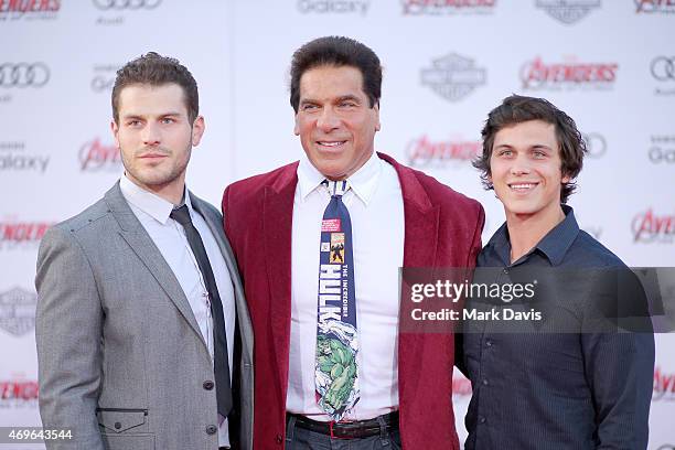 Lou Ferrigno Jr., Lou Ferrigno and Brent Ferrigno attend the premiere of Marvel's "Avengers: Age Of Ultron" at Dolby Theatre on April 13, 2015 in...