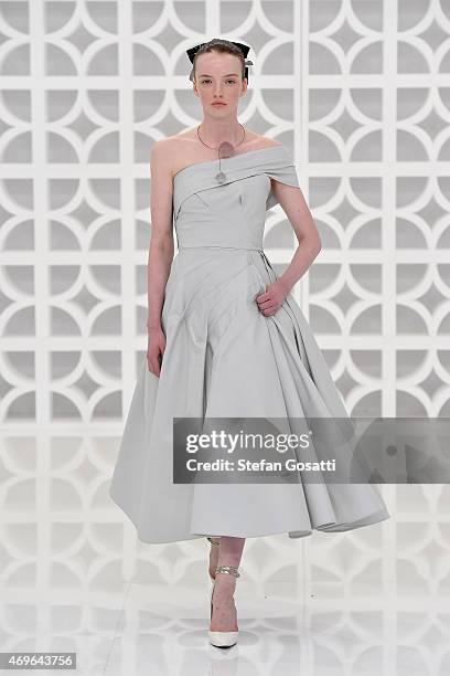 Model walks the runway during the Maticevski show at Mercedes-Benz Fashion Week Australia 2015 at Bay 25, Carriageworks on April 14, 2015 in Sydney,...