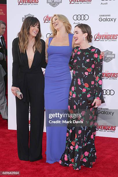 Actresses Chloe Bennet, Adrianne Palicki and Elizabeth Henstridge attend the premiere of Marvel's "Avengers: Age Of Ultron" at Dolby Theatre on April...