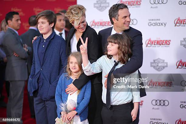 Sunrise Coigney, actor Mark Ruffalo, Keen Ruffalo, Bella Noche and Odette Ruffalo attend the premiere of Marvel's "Avengers: Age Of Ultron" at Dolby...