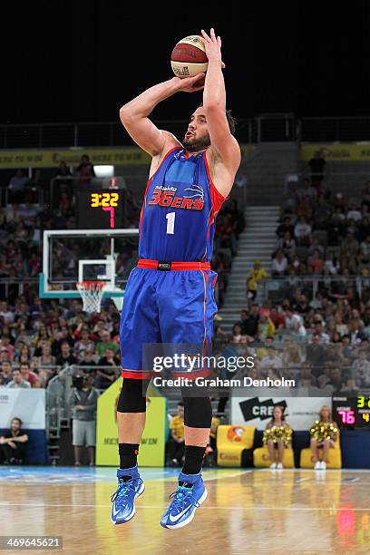 Adam Gibson of the 36ers shoots during the round 18 NBL match between the Melbourne Tigers and the Adelaide 36ers at Hisense Arena in February 16,...