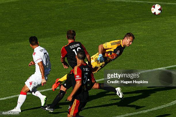 Glen Moss of the Phoenix clears the ball with a header during the round 19 A-League match between Wellington Phoenix and Melbourne Heart at Westpac...