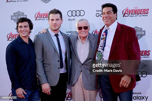Brent Ferrigno, Lou Ferrigno Jr., Stan Lee and Lou Ferrigno attend the premiere of Marvel's "Avengers: Age Of Ultron" at Dolby Theatre on April 13,...