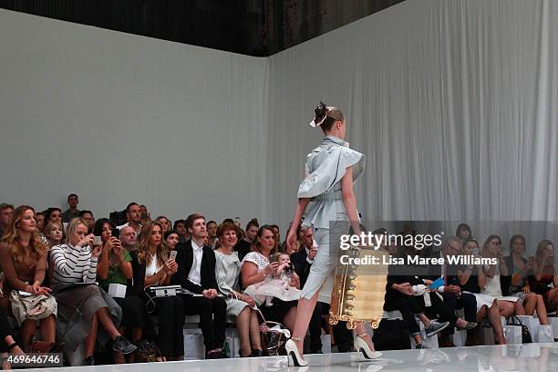 Model walks the runway during the Maticevski show at Mercedes-Benz Fashion Week Australia 2015 at Bay 25, Carriageworks on April 14, 2015 in Sydney,...