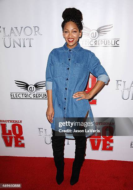 Actress Meagan Good attends the premiere of "Brotherly Love" at SilverScreen Theater at the Pacific Design Center on April 13, 2015 in West...