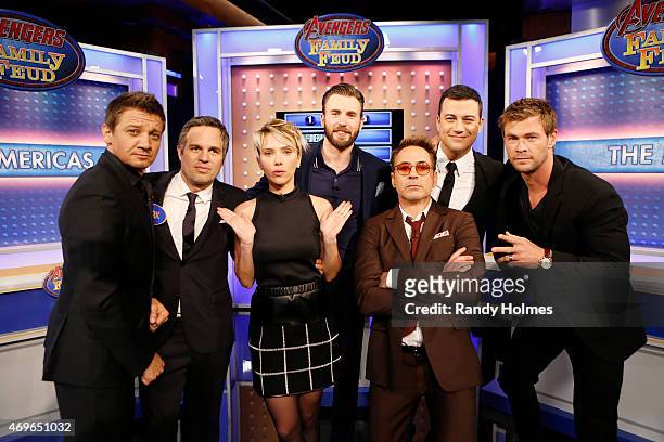 Jimmy Kimmel Live" welcomed Robert Downey Jr., Chris Hemsworth, Mark Ruffalo, Chris Evans, Scarlett Johansson and Jeremy Renner from the cast of...