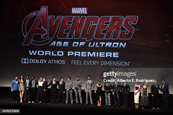 "Avengers: Age Of Ultron" cast and producers pose onstage during the