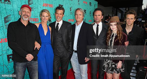 Justified' cast members Nick Searcy, Joelle Carter, Timothy Olyphant, Walton Goggins, Kaitlyn Dever, and Jacob Pitts with show creator, Graham Yost ,...